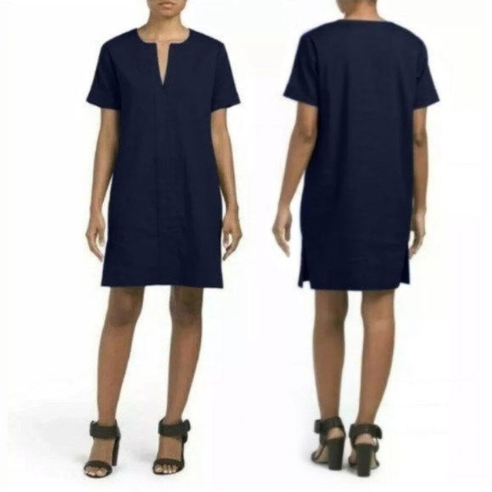 THEORY Linen Blend Slit Front Shift Dress in Caliver Blue Size Medium